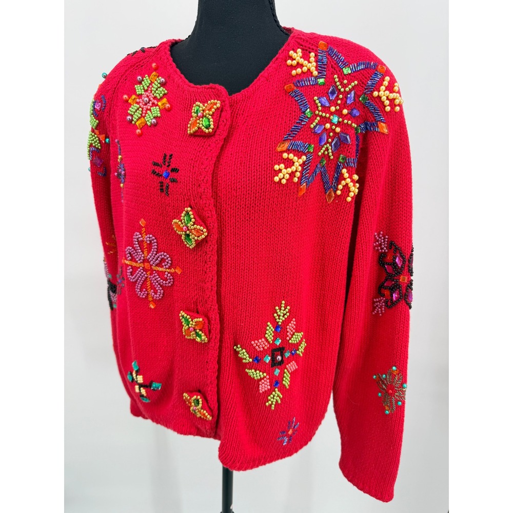 Michael Simon Cardigan Women OS Red Good Vintage 90s Beaded Rhinestone Sweater